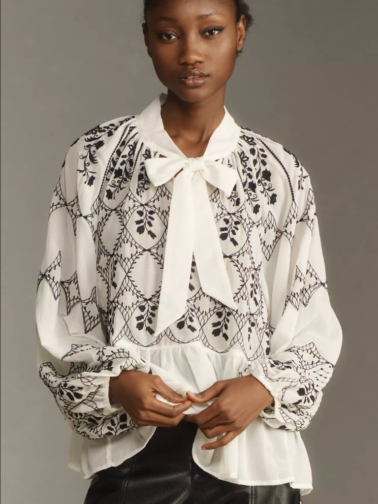 Nwt By Anthropologie Long-Sleeve Tie-Neck Embroidered Blouse Black & White Sz M